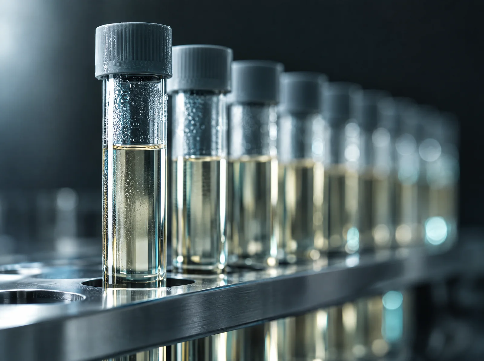 Laboratory serum tubes standing in a polished steel rack