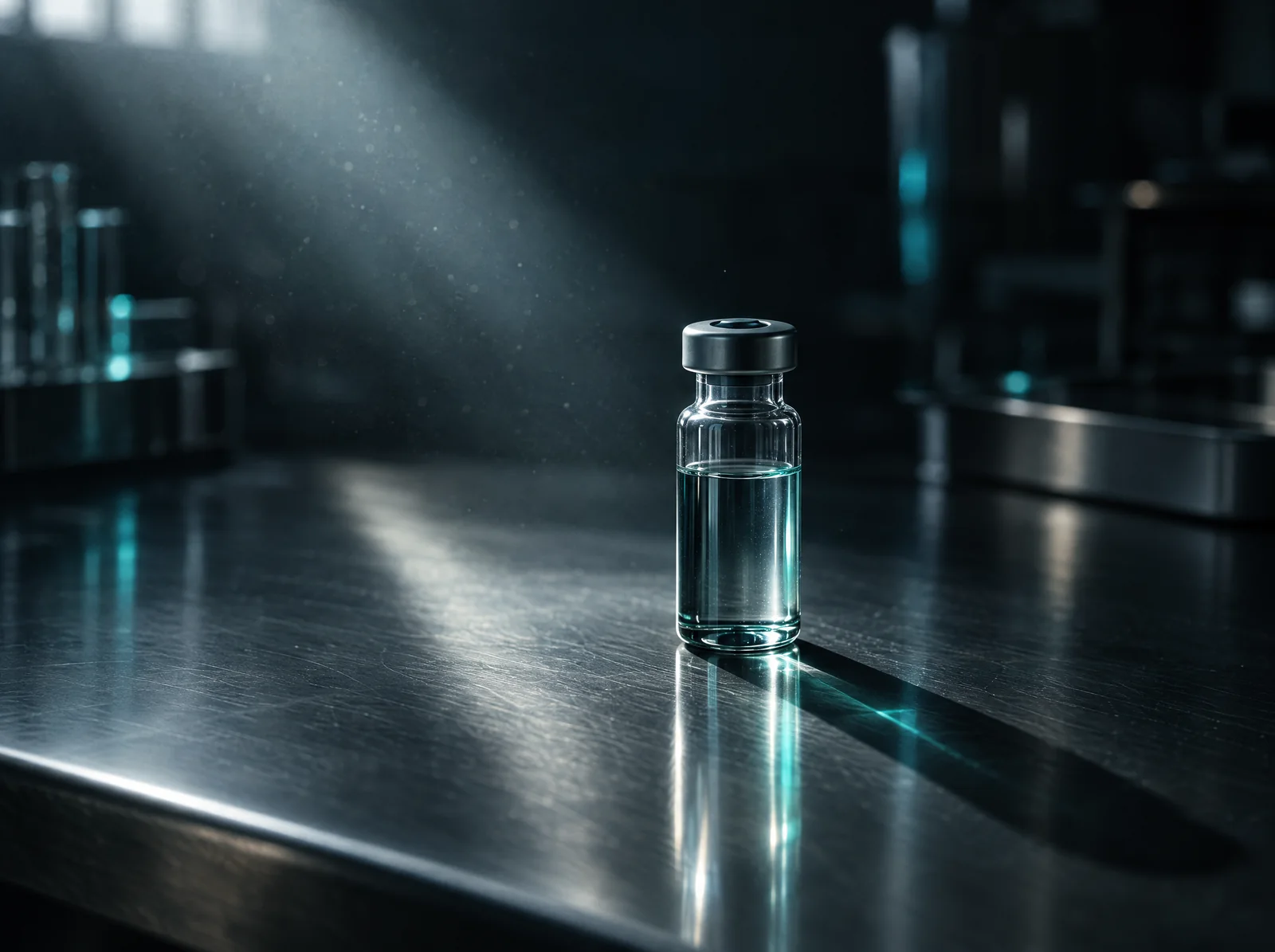 A single unlabelled vial on a steel surface, lit by one shaft of cold light