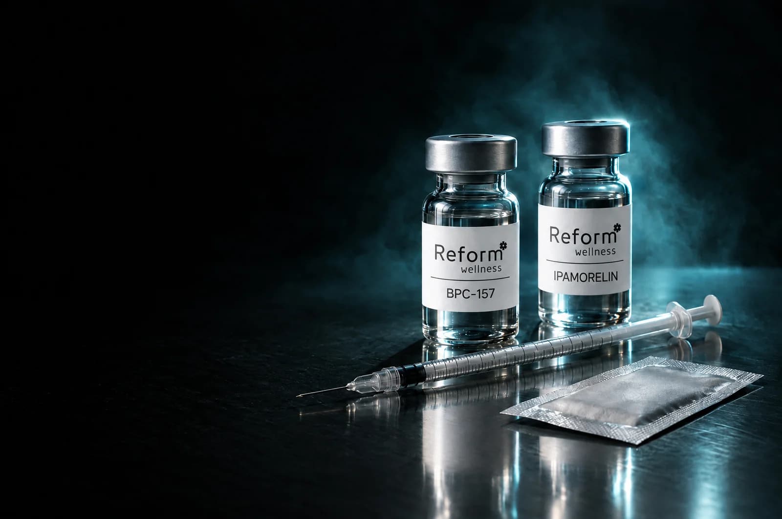 Vials beside an insulin syringe and a swab packet on dark steel