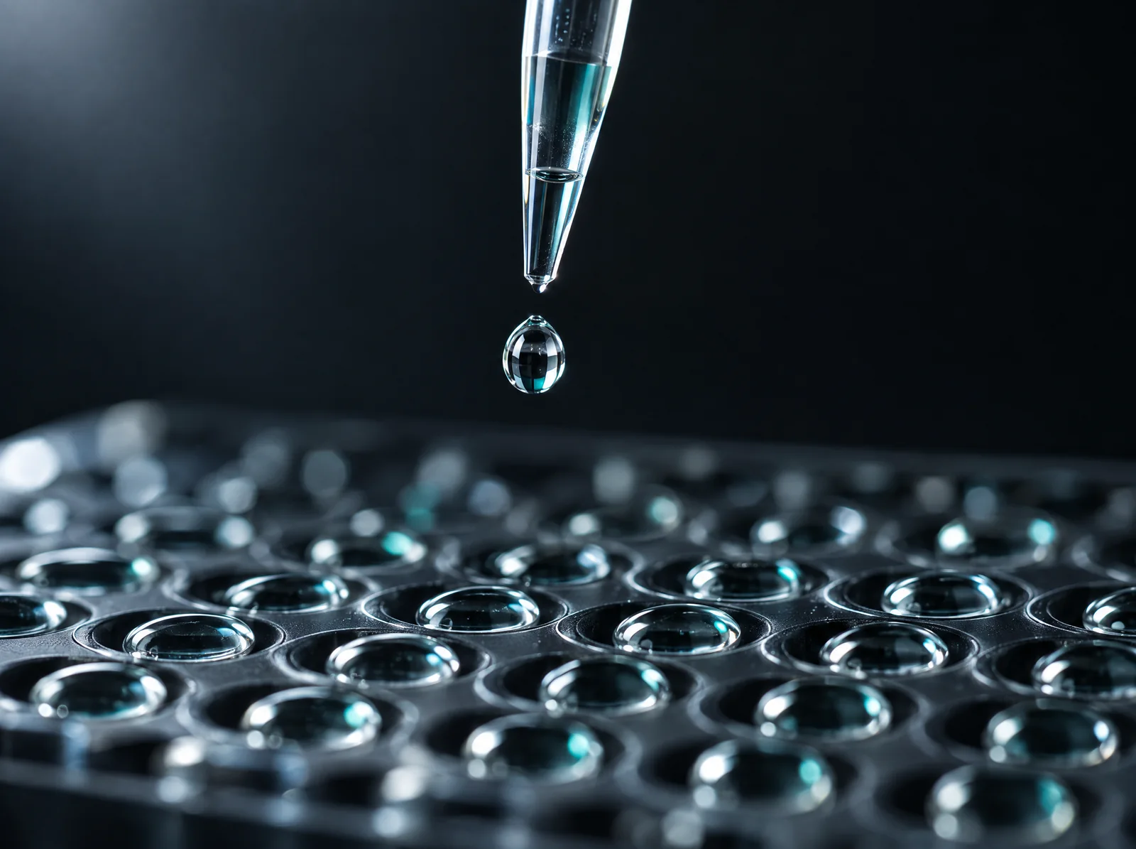 A laboratory pipette releasing a single droplet above a microplate